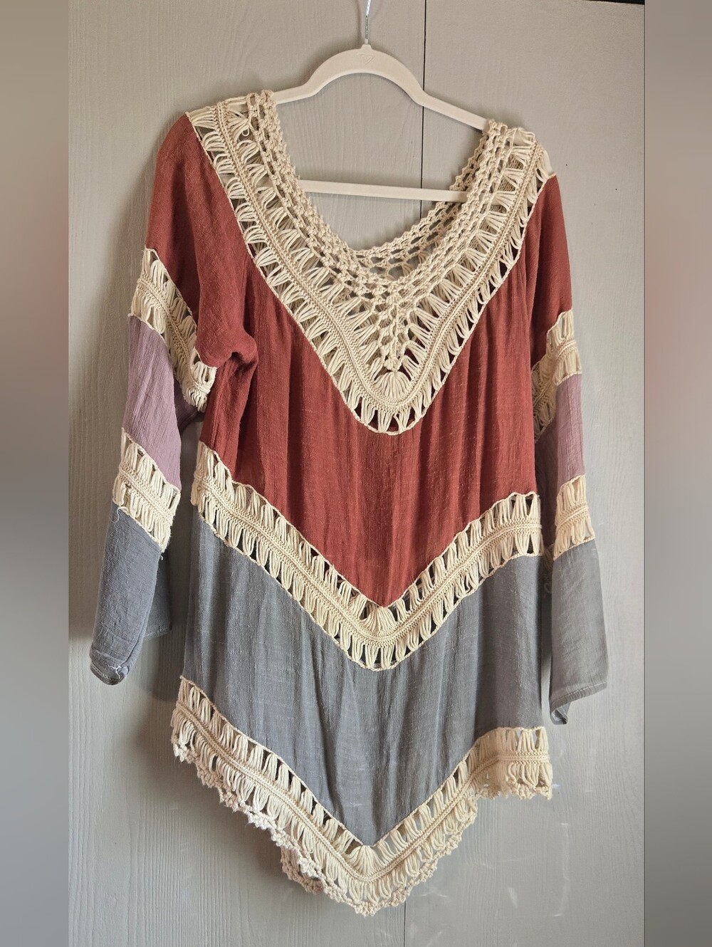 Umgee Boho Crochet Color Block Bell Sleeve Tunic Blouse